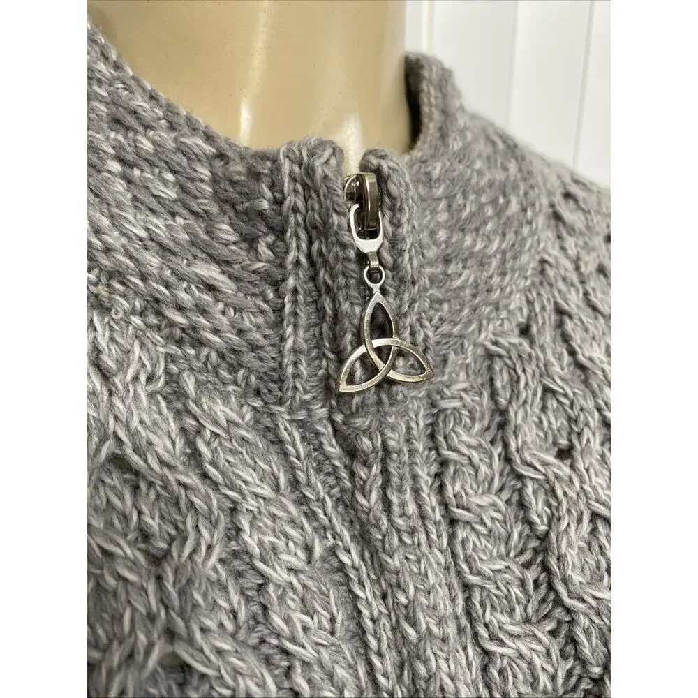 Aran Crafts Irish Cable Knit Sweater Coat Zip Fisherman Wool Gray Cardigan S